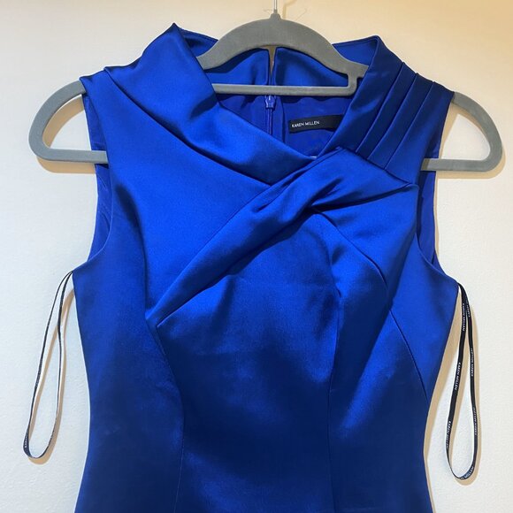 Stunning Karen Millen Electric Blue Satin Folded Collar Sleeveless Dress Size 4 - Picture 5 of 16